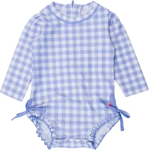 RuffleButts Baby Girls UPF 50  Sun Protection Gingham Printed Long Sleeve One Piece Rash Guard Swimsuit with Zipper
