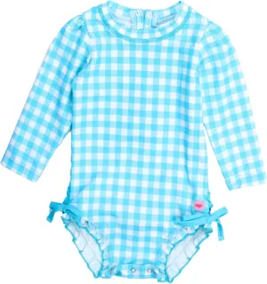 RuffleButts Baby Girls UPF 50  Sun Protection Gingham Printed Long Sleeve One Piece Rash Guard Swimsuit with Zipper