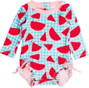 RuffleButts Baby Girls UPF 50  Sun Protection Gingham Printed Long Sleeve One Piece Rash Guard Swimsuit with Zipper