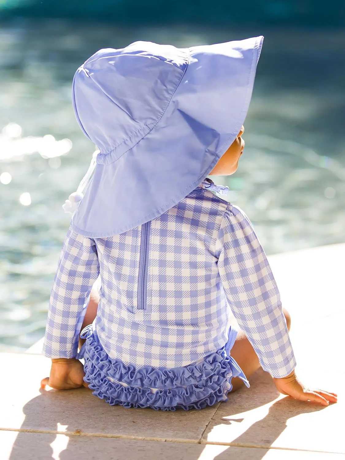 RuffleButts Baby Girls UPF 50  Sun Protection Gingham Printed Long Sleeve One Piece Rash Guard Swimsuit with Zipper