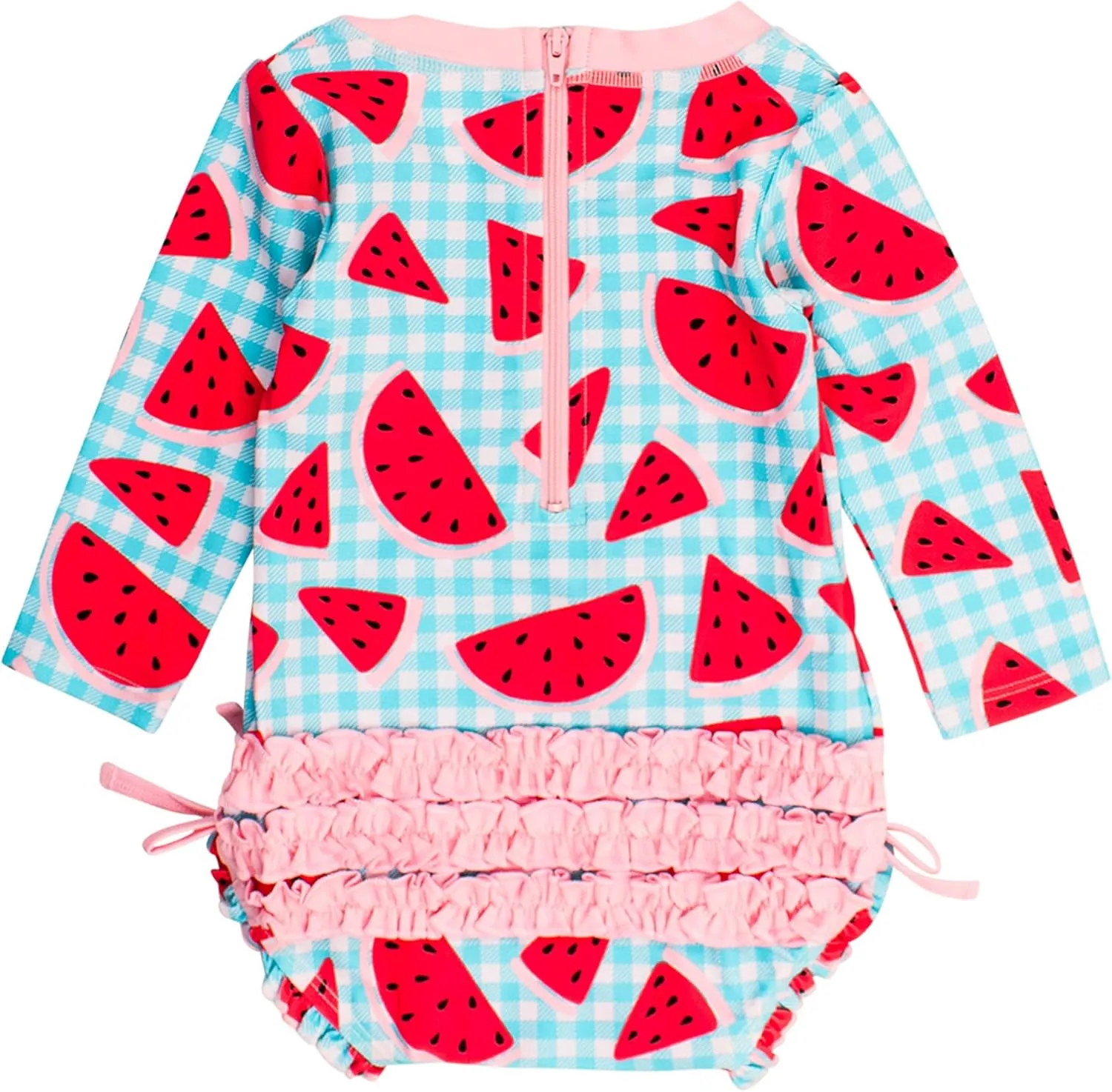 RuffleButts Baby Girls UPF 50  Sun Protection Gingham Printed Long Sleeve One Piece Rash Guard Swimsuit with Zipper