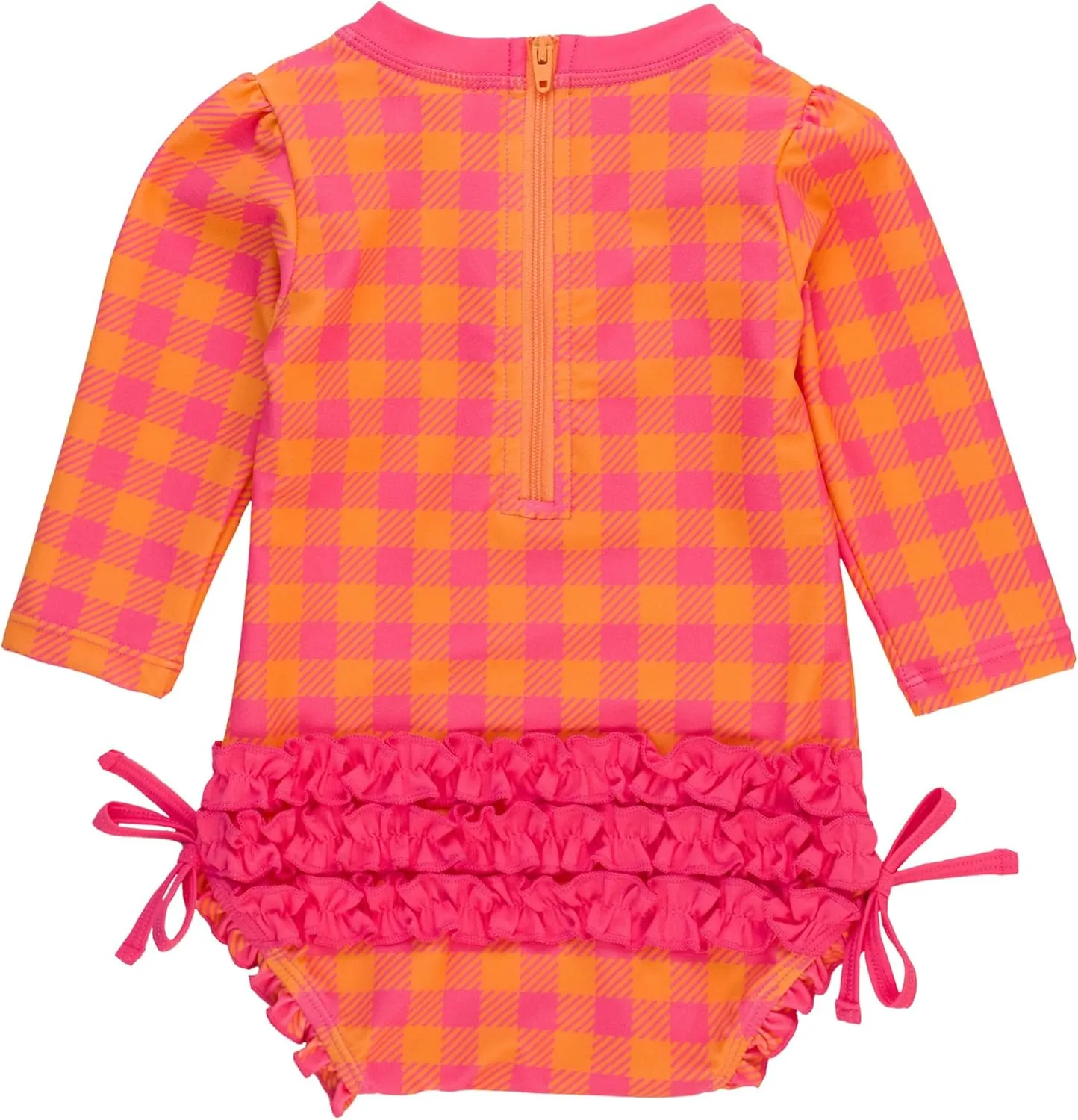 RuffleButts Baby Girls UPF 50  Sun Protection Gingham Printed Long Sleeve One Piece Rash Guard Swimsuit with Zipper