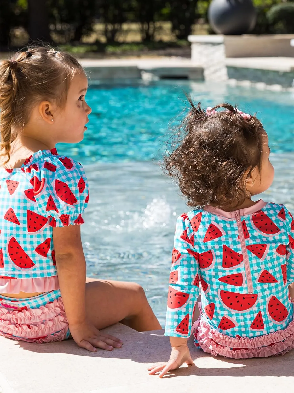 RuffleButts Baby Girls UPF 50  Sun Protection Gingham Printed Long Sleeve One Piece Rash Guard Swimsuit with Zipper