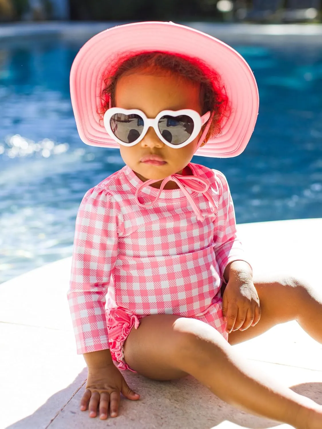 RuffleButts Baby Girls UPF 50  Sun Protection Gingham Printed Long Sleeve One Piece Rash Guard Swimsuit with Zipper