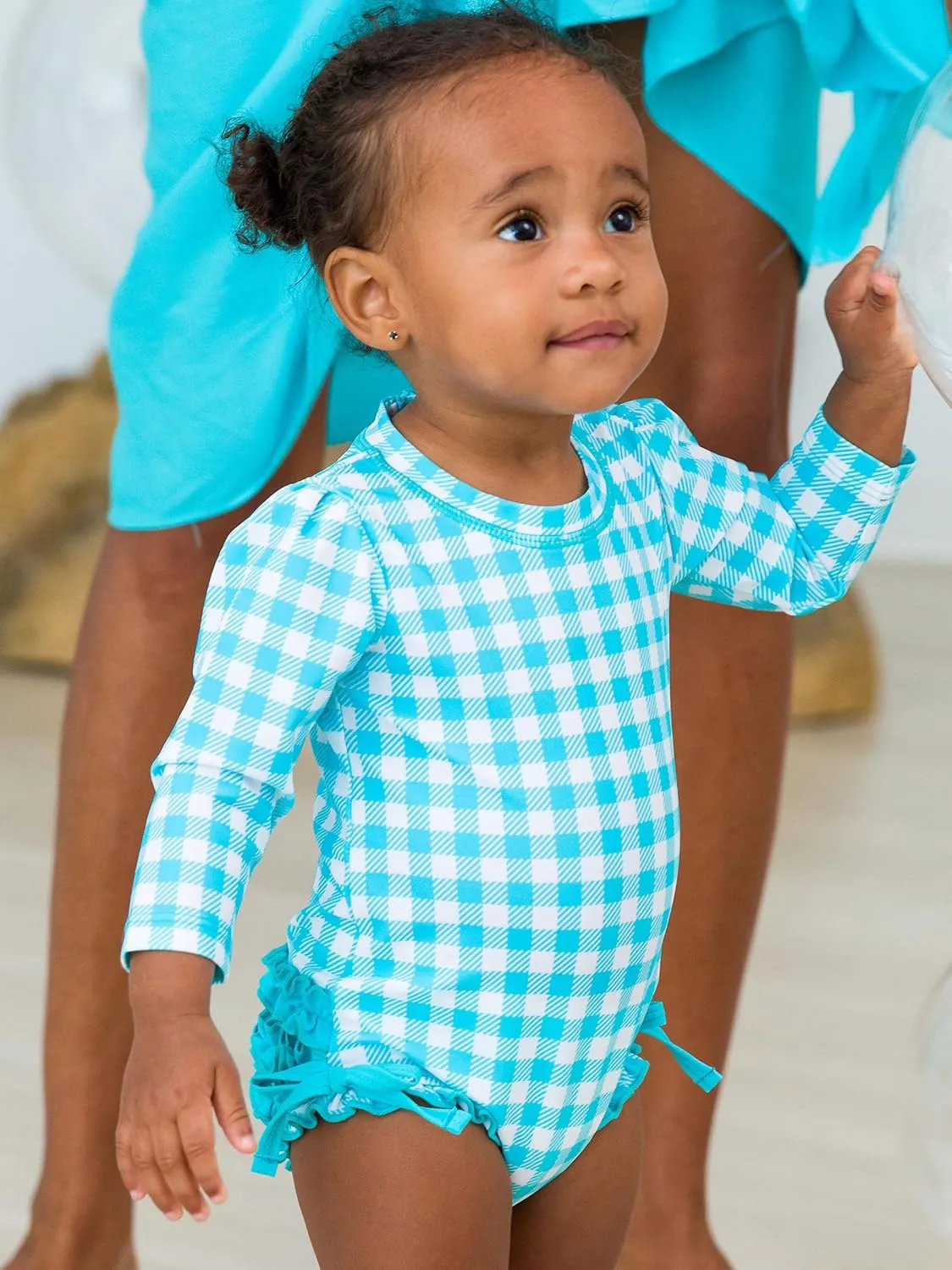 RuffleButts Baby Girls UPF 50  Sun Protection Gingham Printed Long Sleeve One Piece Rash Guard Swimsuit with Zipper