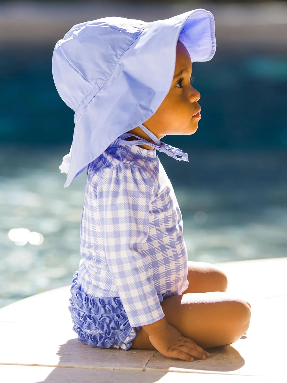 RuffleButts Baby Girls UPF 50  Sun Protection Gingham Printed Long Sleeve One Piece Rash Guard Swimsuit with Zipper