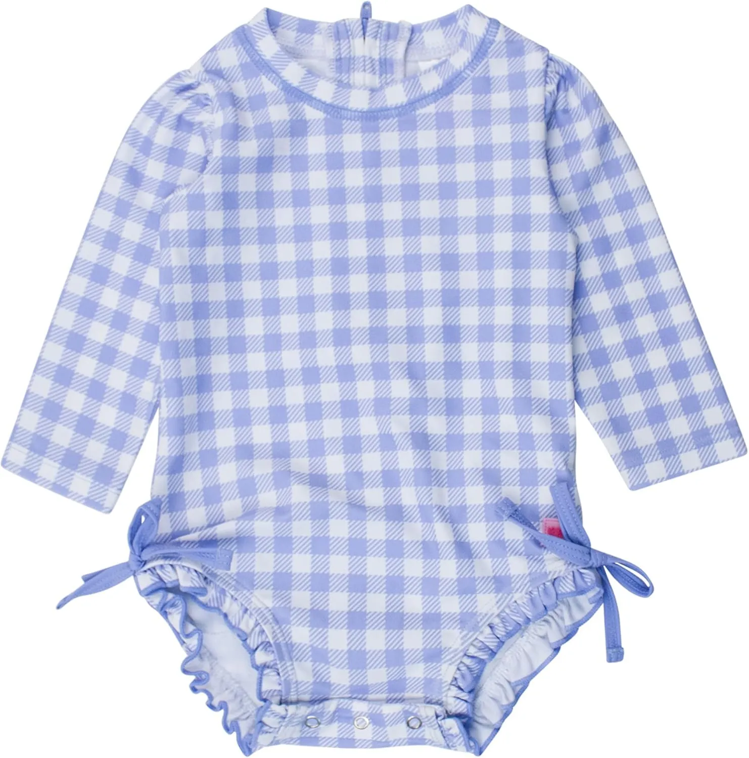 RuffleButts Baby Girls UPF 50  Sun Protection Gingham Printed Long Sleeve One Piece Rash Guard Swimsuit with Zipper