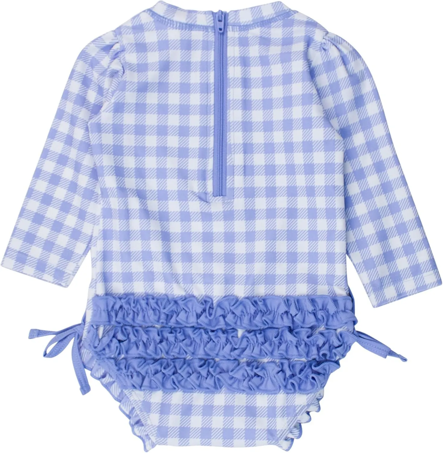 RuffleButts Baby Girls UPF 50  Sun Protection Gingham Printed Long Sleeve One Piece Rash Guard Swimsuit with Zipper
