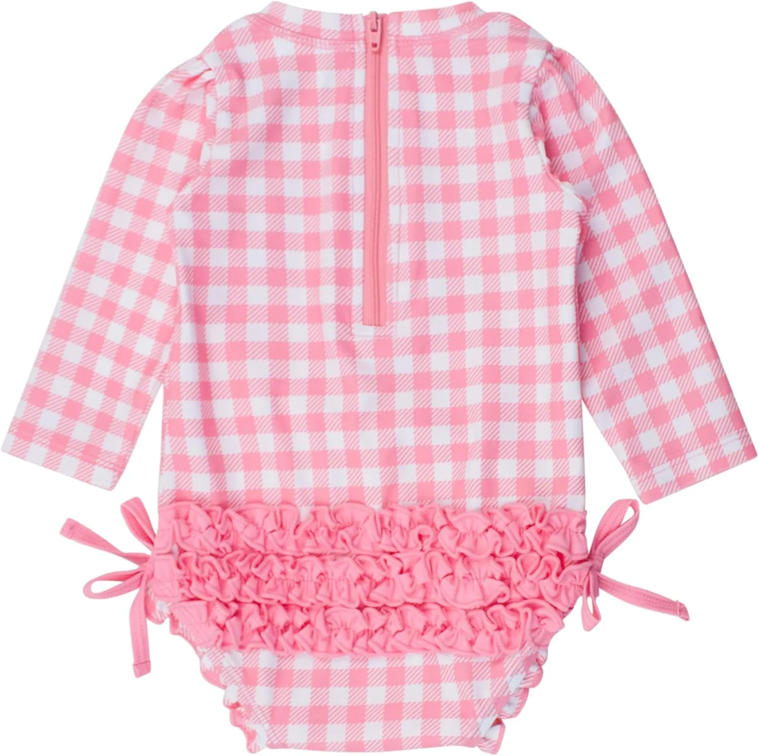 RuffleButts Baby Girls UPF 50  Sun Protection Gingham Printed Long Sleeve One Piece Rash Guard Swimsuit with Zipper
