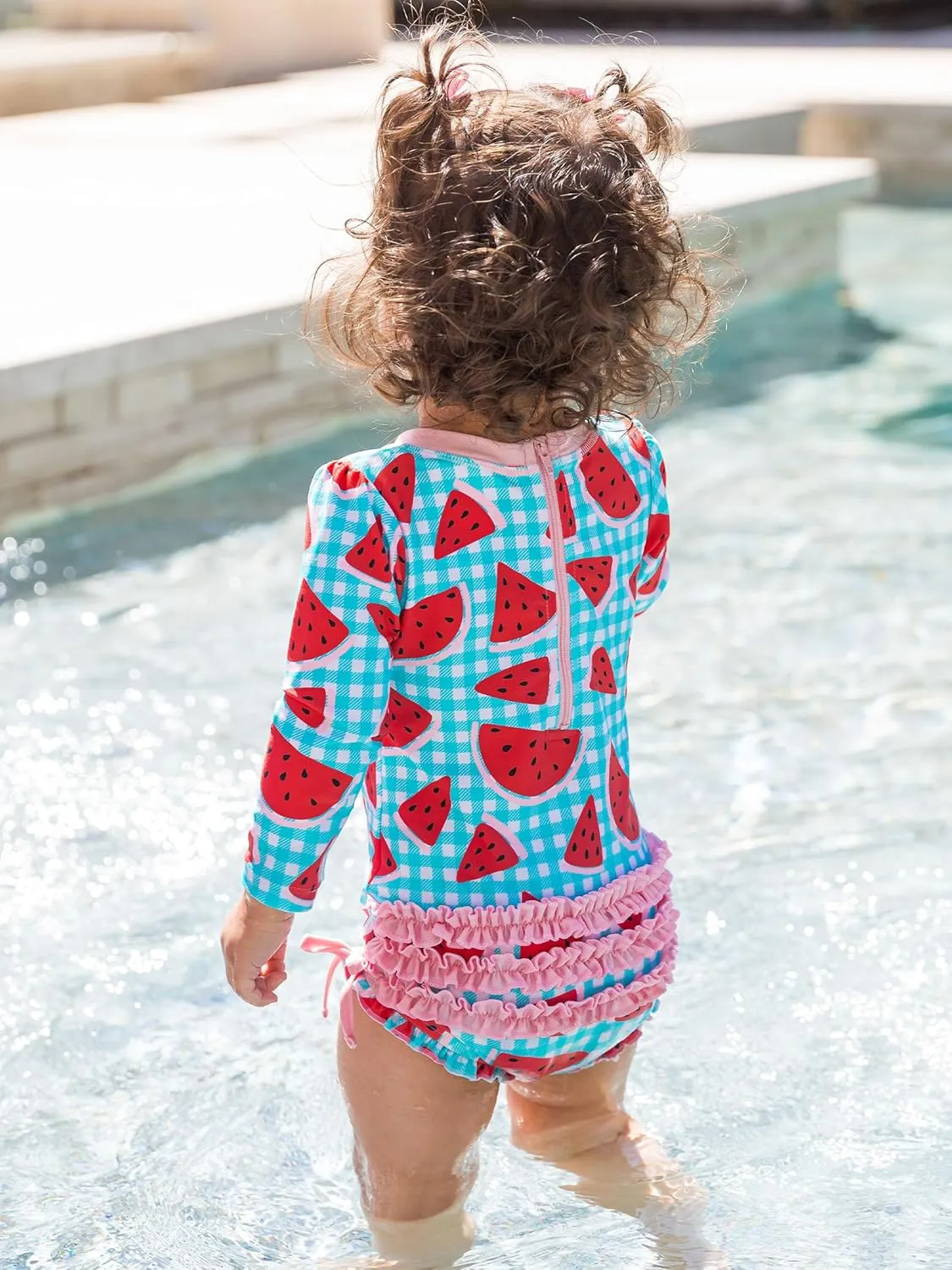 RuffleButts Baby Girls UPF 50  Sun Protection Gingham Printed Long Sleeve One Piece Rash Guard Swimsuit with Zipper