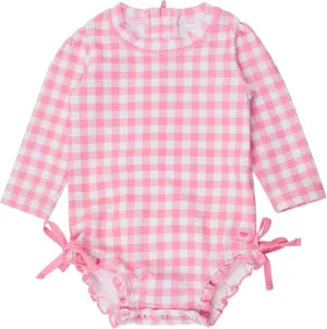 RuffleButts Baby Girls UPF 50  Sun Protection Gingham Printed Long Sleeve One Piece Rash Guard Swimsuit with Zipper