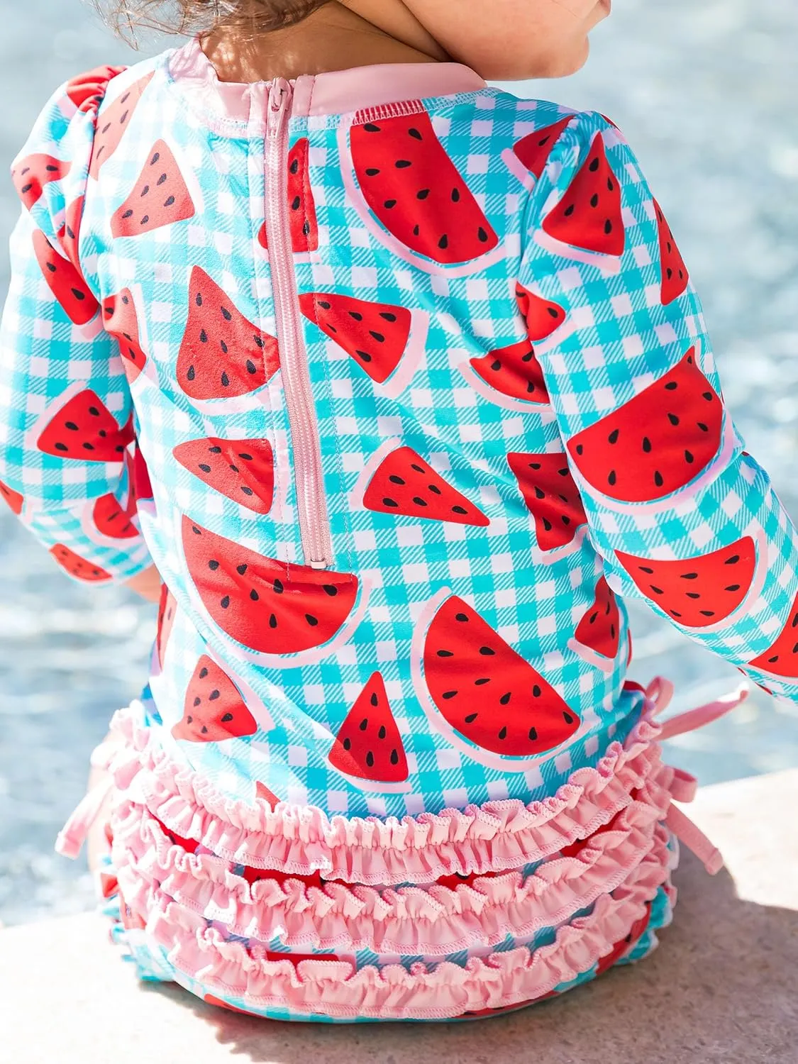 RuffleButts Baby Girls UPF 50  Sun Protection Gingham Printed Long Sleeve One Piece Rash Guard Swimsuit with Zipper