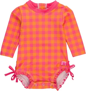 RuffleButts Baby Girls UPF 50  Sun Protection Gingham Printed Long Sleeve One Piece Rash Guard Swimsuit with Zipper