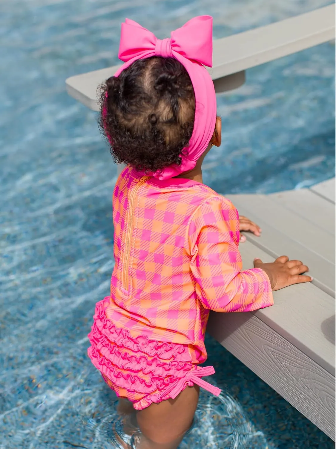 RuffleButts Baby Girls UPF 50  Sun Protection Gingham Printed Long Sleeve One Piece Rash Guard Swimsuit with Zipper