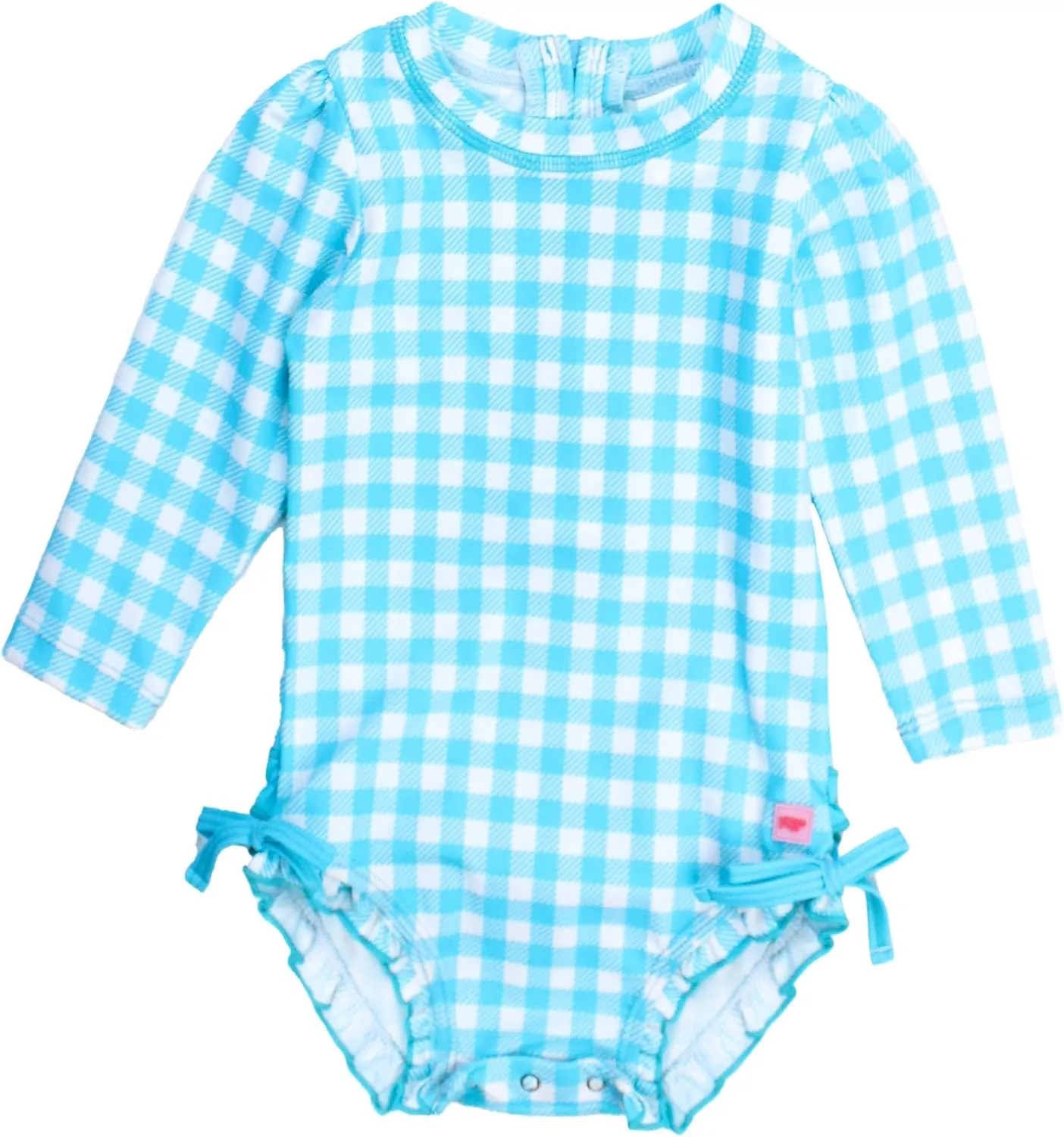RuffleButts Baby Girls UPF 50  Sun Protection Gingham Printed Long Sleeve One Piece Rash Guard Swimsuit with Zipper