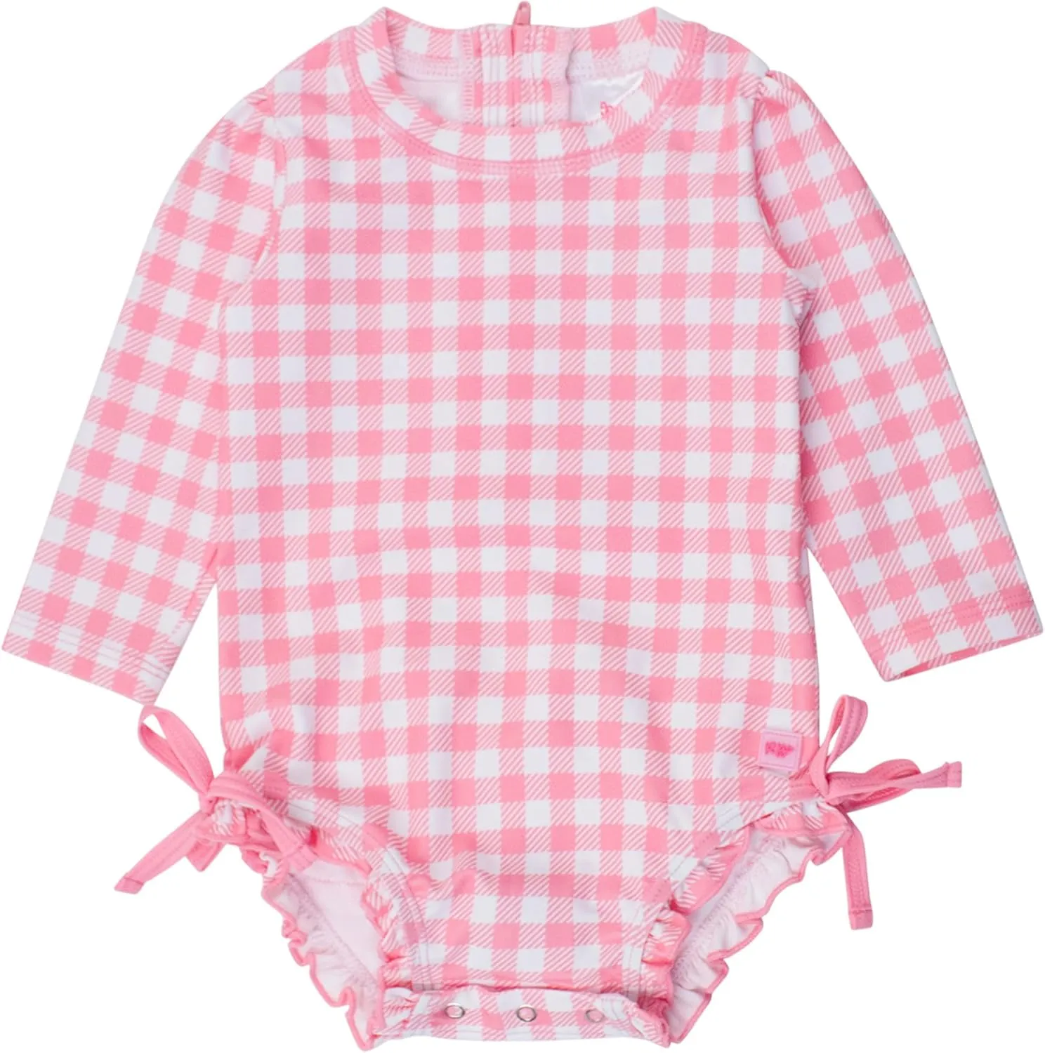 RuffleButts Baby Girls UPF 50  Sun Protection Gingham Printed Long Sleeve One Piece Rash Guard Swimsuit with Zipper
