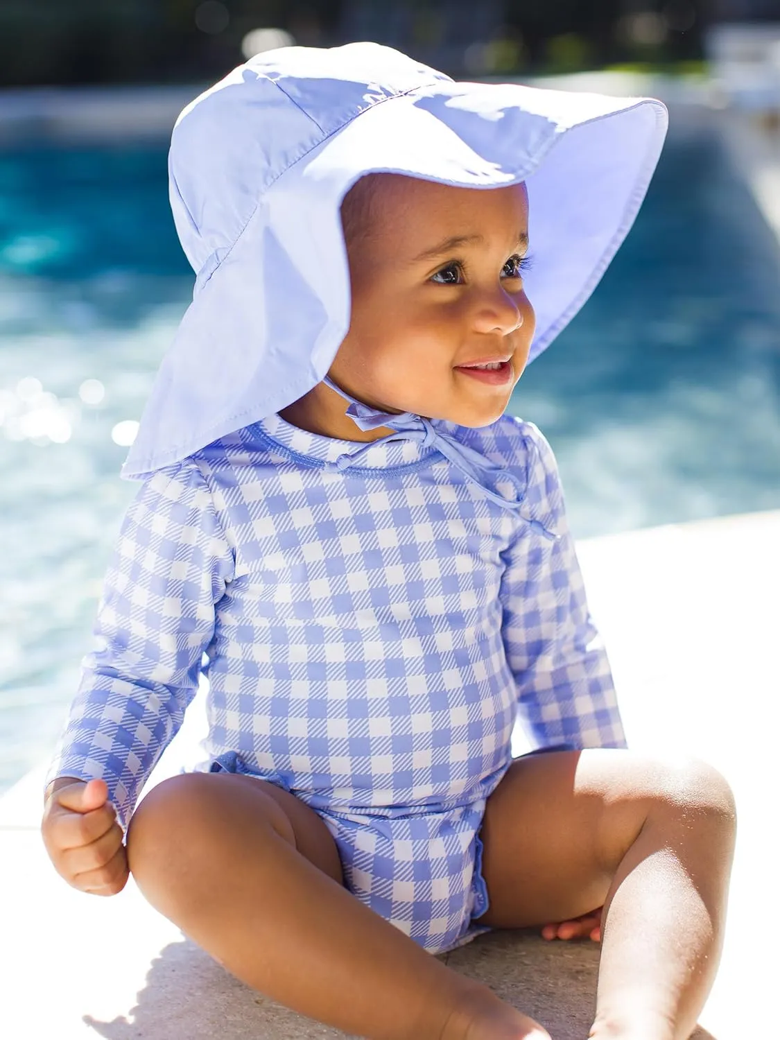 RuffleButts Baby Girls UPF 50  Sun Protection Gingham Printed Long Sleeve One Piece Rash Guard Swimsuit with Zipper