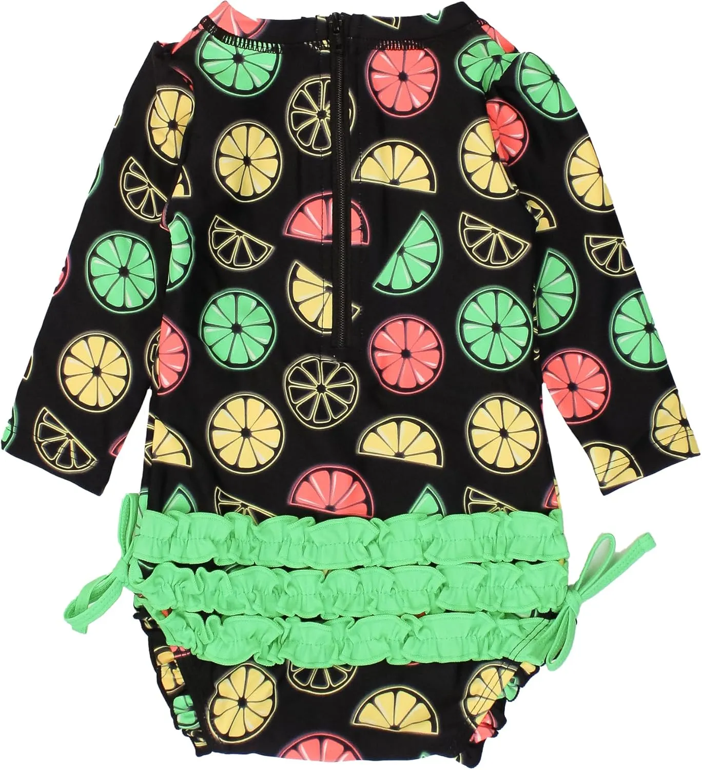 RuffleButts Baby Girls UPF 50  Sun Protection Novelty Print Long Sleeve One Piece Rash Guard Swimsuit with Zipper