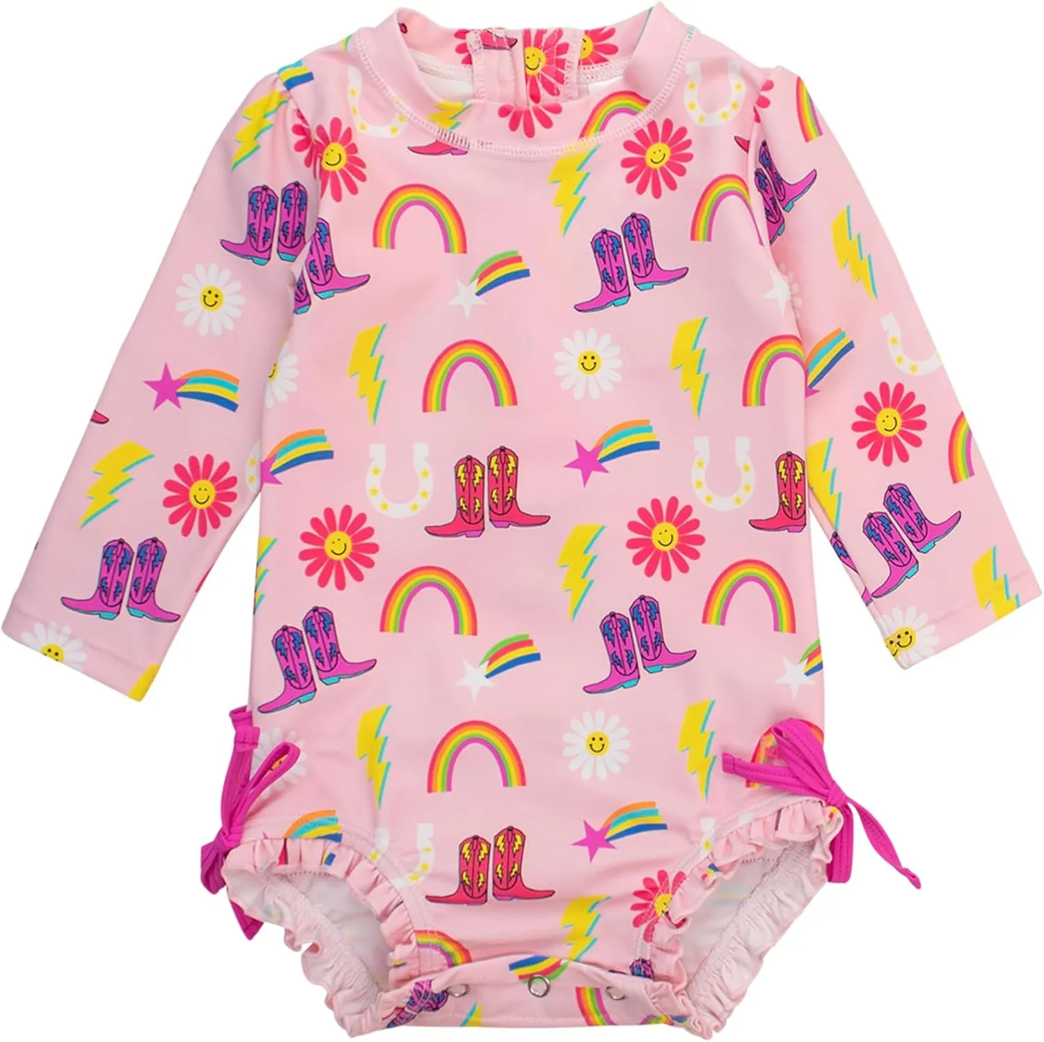 RuffleButts Baby Girls UPF 50  Sun Protection Novelty Print Long Sleeve One Piece Rash Guard Swimsuit with Zipper