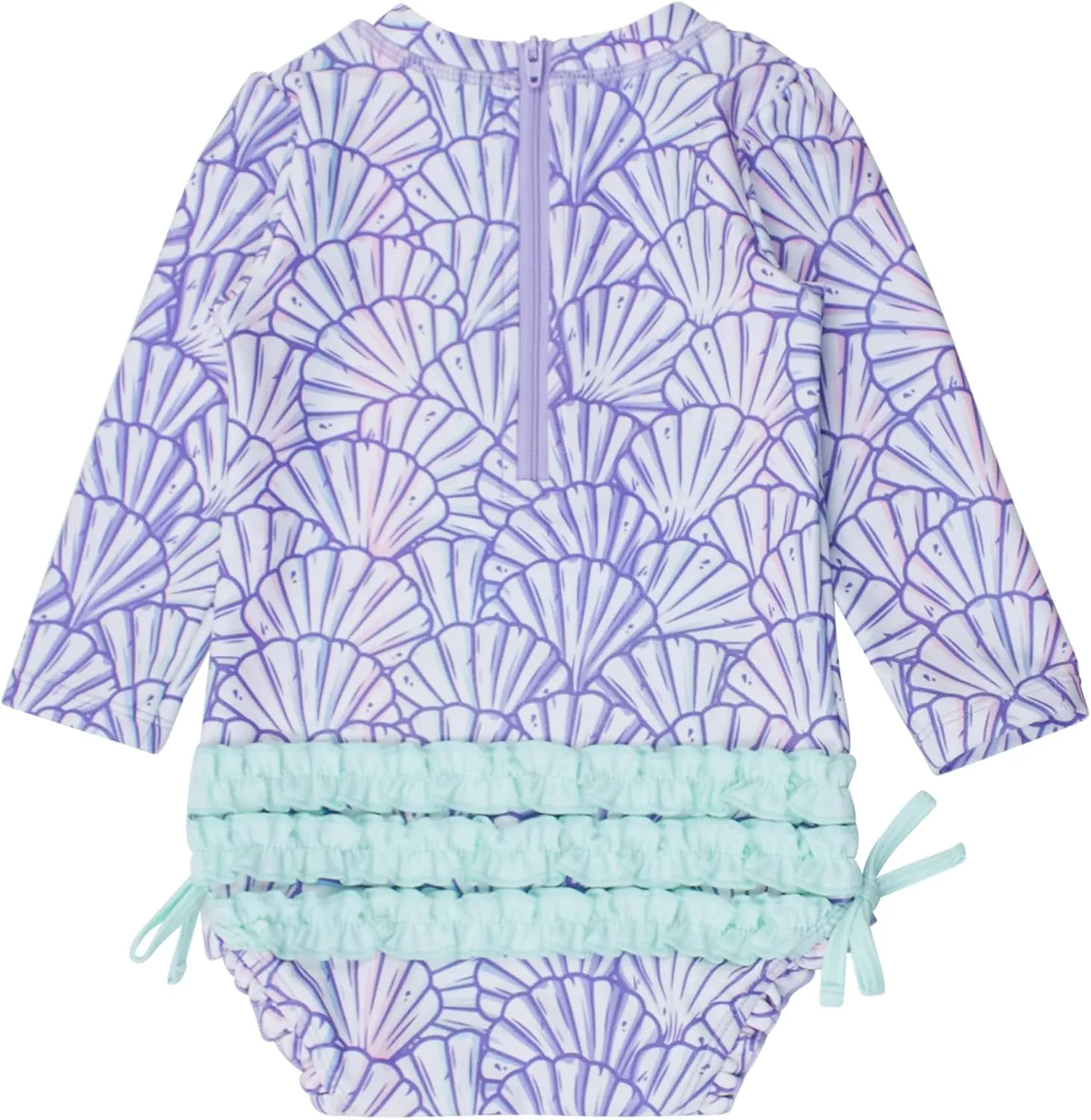RuffleButts Baby Girls UPF 50  Sun Protection Novelty Print Long Sleeve One Piece Rash Guard Swimsuit with Zipper