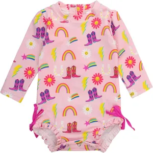 RuffleButts Baby Girls UPF 50  Sun Protection Novelty Print Long Sleeve One Piece Rash Guard Swimsuit with Zipper
