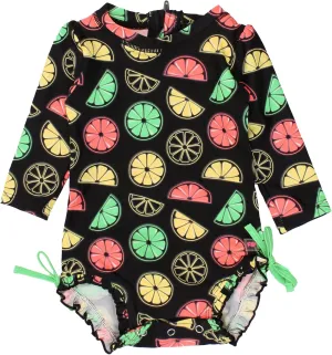 RuffleButts Baby Girls UPF 50  Sun Protection Novelty Print Long Sleeve One Piece Rash Guard Swimsuit with Zipper
