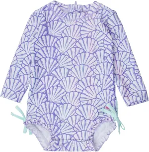 RuffleButts Baby Girls UPF 50  Sun Protection Novelty Print Long Sleeve One Piece Rash Guard Swimsuit with Zipper