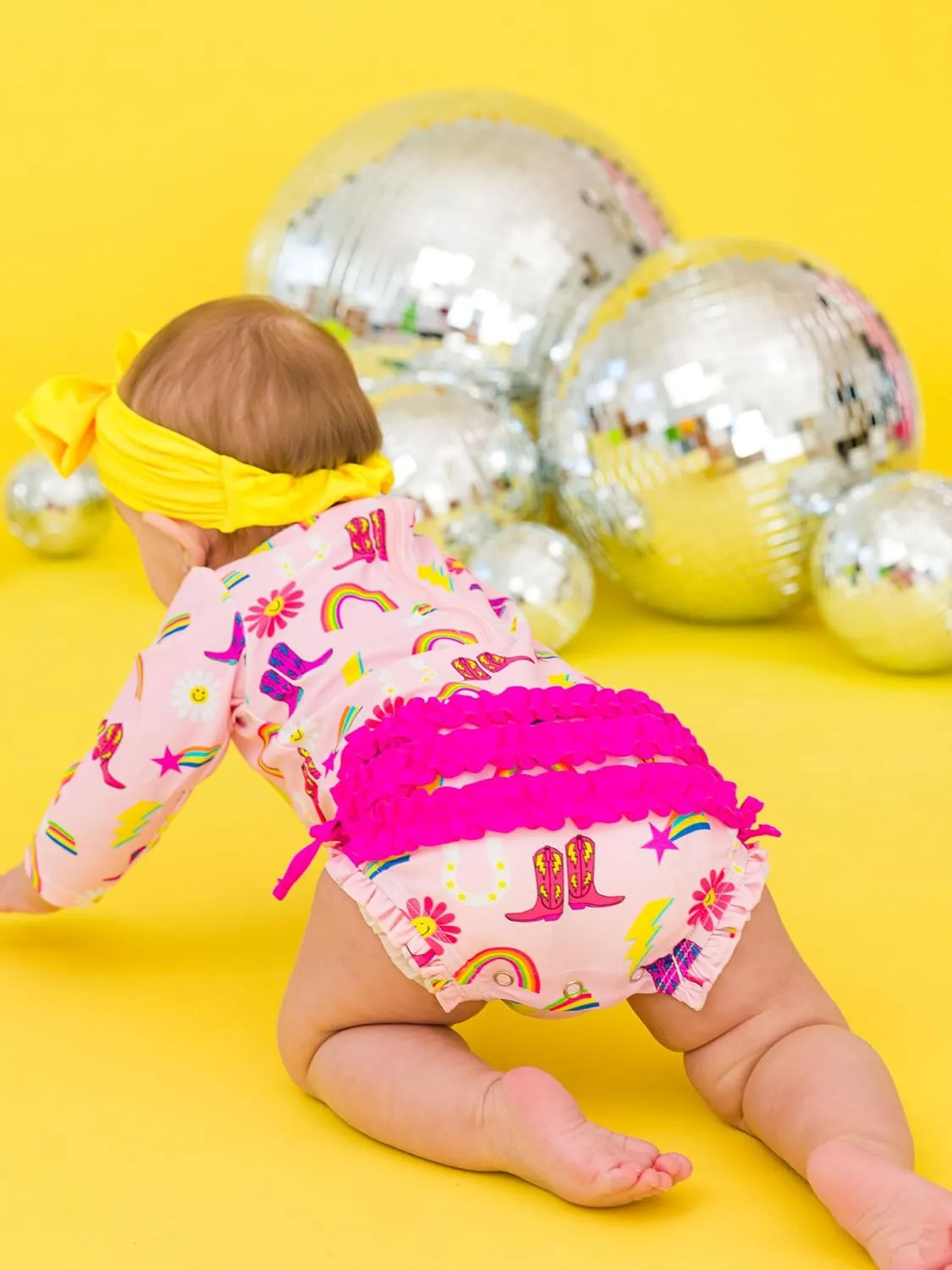 RuffleButts Baby Girls UPF 50  Sun Protection Novelty Print Long Sleeve One Piece Rash Guard Swimsuit with Zipper