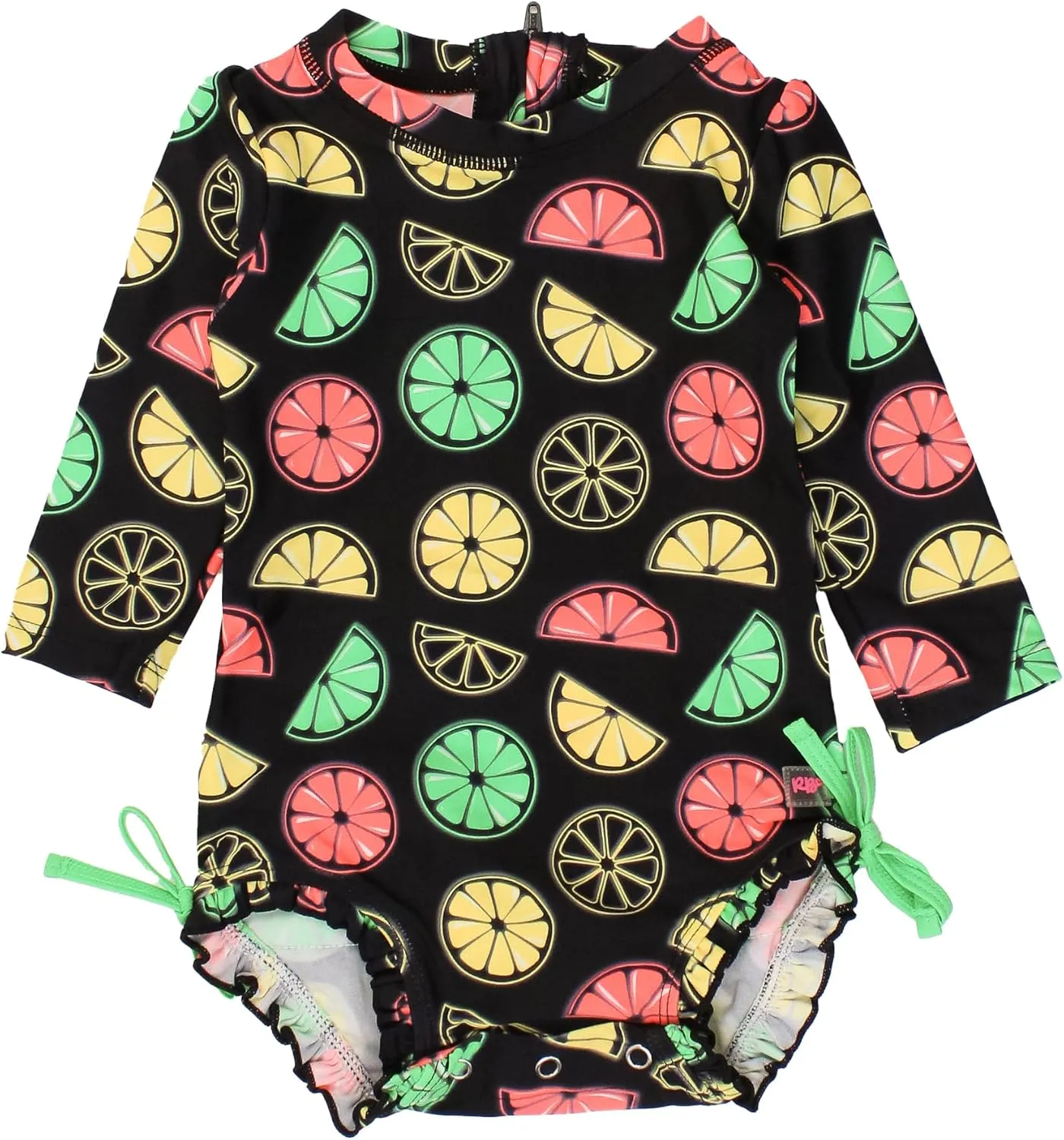 RuffleButts Baby Girls UPF 50  Sun Protection Novelty Print Long Sleeve One Piece Rash Guard Swimsuit with Zipper
