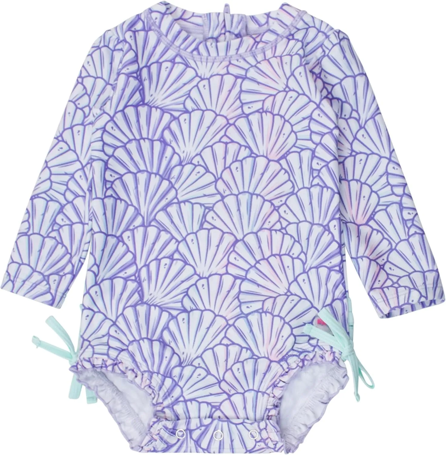 RuffleButts Baby Girls UPF 50  Sun Protection Novelty Print Long Sleeve One Piece Rash Guard Swimsuit with Zipper