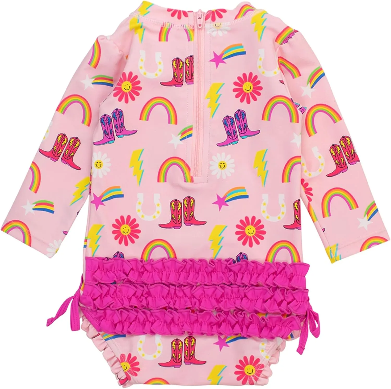 RuffleButts Baby Girls UPF 50  Sun Protection Novelty Print Long Sleeve One Piece Rash Guard Swimsuit with Zipper