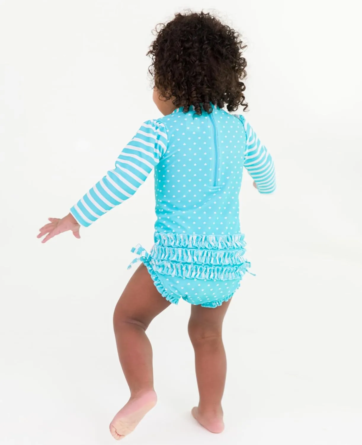 RuffleButts Baby Girls UPF 50  Sun Protection Polka Dot Long Sleeve One Piece Rash Guard Swimsuit with Zipper