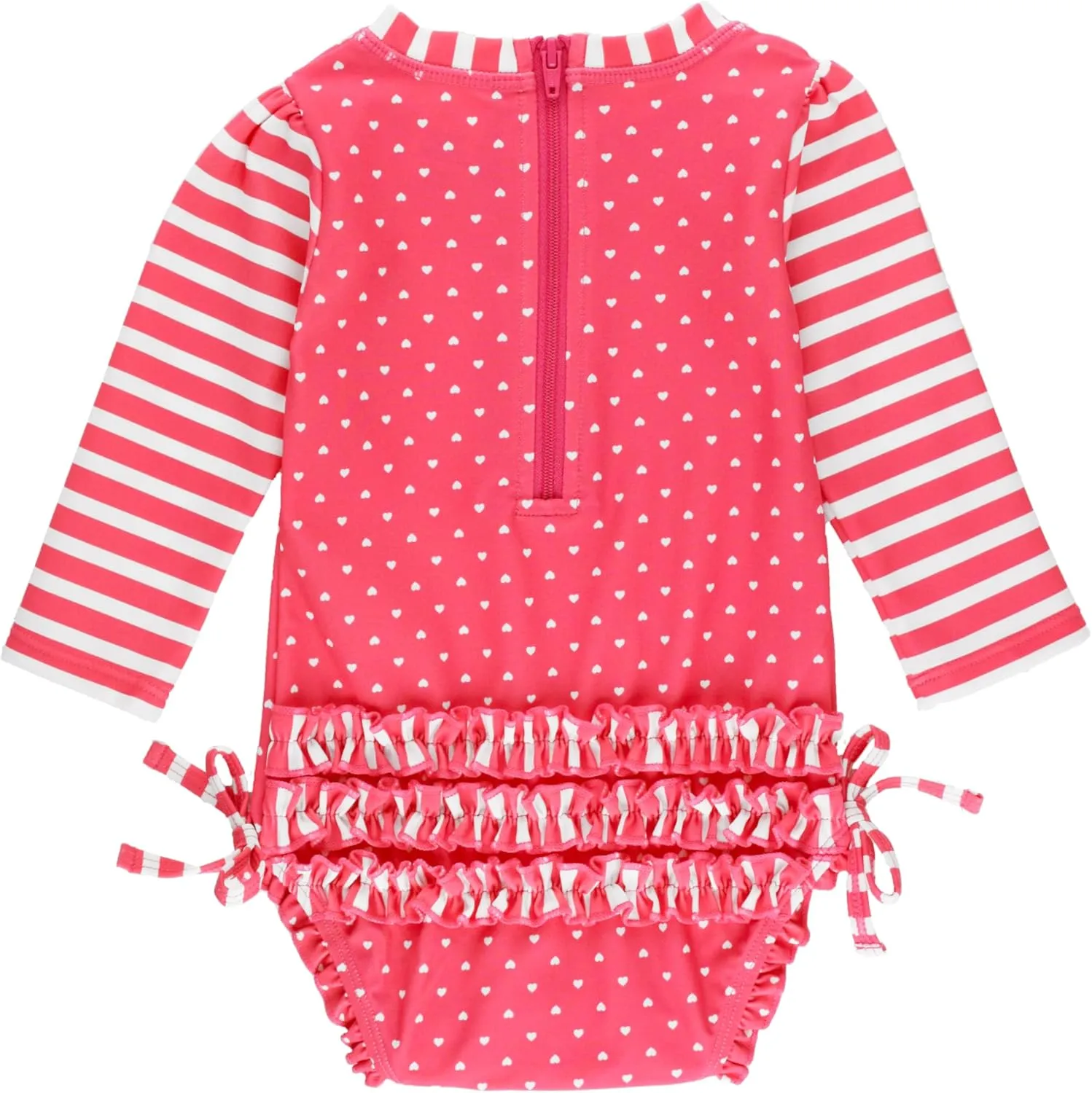 RuffleButts Baby Girls UPF 50  Sun Protection Polka Dot Long Sleeve One Piece Rash Guard Swimsuit with Zipper