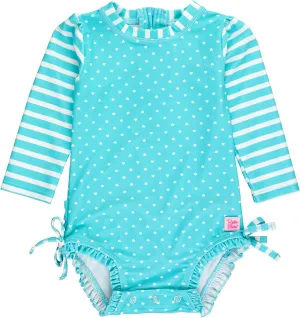RuffleButts Baby Girls UPF 50  Sun Protection Polka Dot Long Sleeve One Piece Rash Guard Swimsuit with Zipper