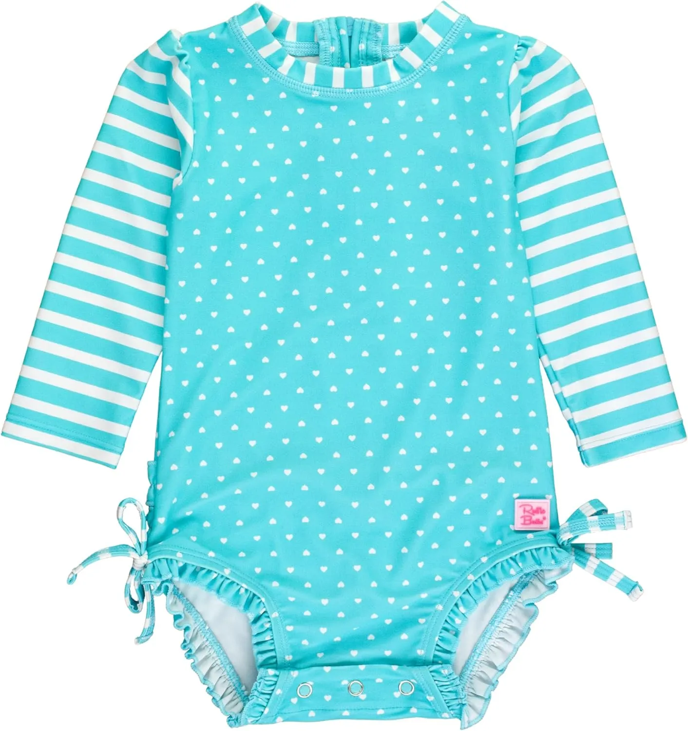 RuffleButts Baby Girls UPF 50  Sun Protection Polka Dot Long Sleeve One Piece Rash Guard Swimsuit with Zipper