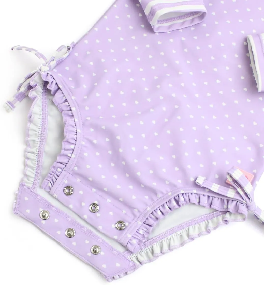 RuffleButts Baby Girls UPF 50  Sun Protection Polka Dot Long Sleeve One Piece Rash Guard Swimsuit with Zipper