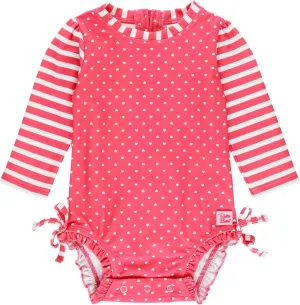 RuffleButts Baby Girls UPF 50  Sun Protection Polka Dot Long Sleeve One Piece Rash Guard Swimsuit with Zipper