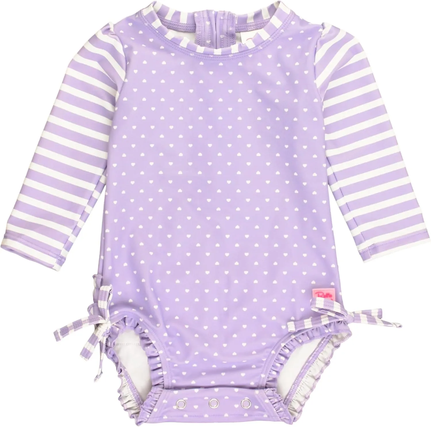 RuffleButts Baby Girls UPF 50  Sun Protection Polka Dot Long Sleeve One Piece Rash Guard Swimsuit with Zipper