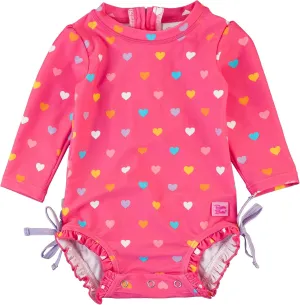 RuffleButts Baby Girls UPF 50  Sun Protection Polka Dot Long Sleeve One Piece Rash Guard Swimsuit with Zipper