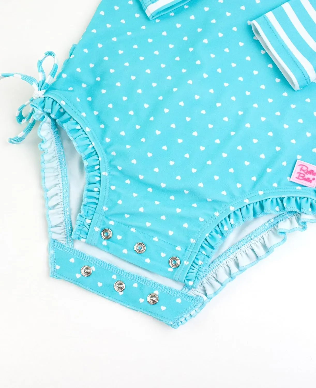 RuffleButts Baby Girls UPF 50  Sun Protection Polka Dot Long Sleeve One Piece Rash Guard Swimsuit with Zipper