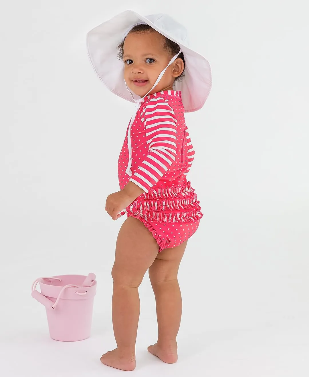 RuffleButts Baby Girls UPF 50  Sun Protection Polka Dot Long Sleeve One Piece Rash Guard Swimsuit with Zipper