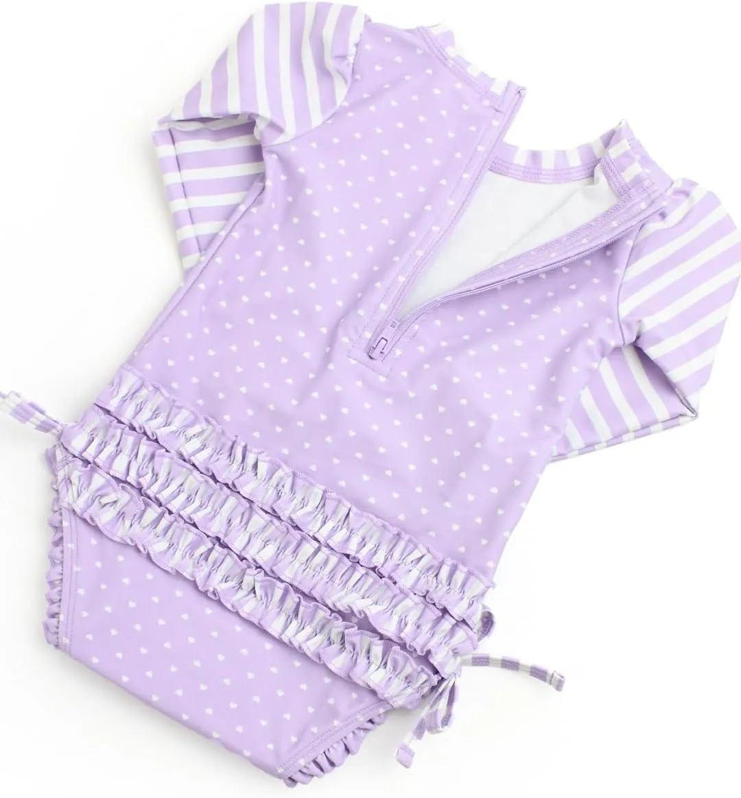 RuffleButts Baby Girls UPF 50  Sun Protection Polka Dot Long Sleeve One Piece Rash Guard Swimsuit with Zipper