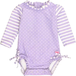 RuffleButts Baby Girls UPF 50  Sun Protection Polka Dot Long Sleeve One Piece Rash Guard Swimsuit with Zipper