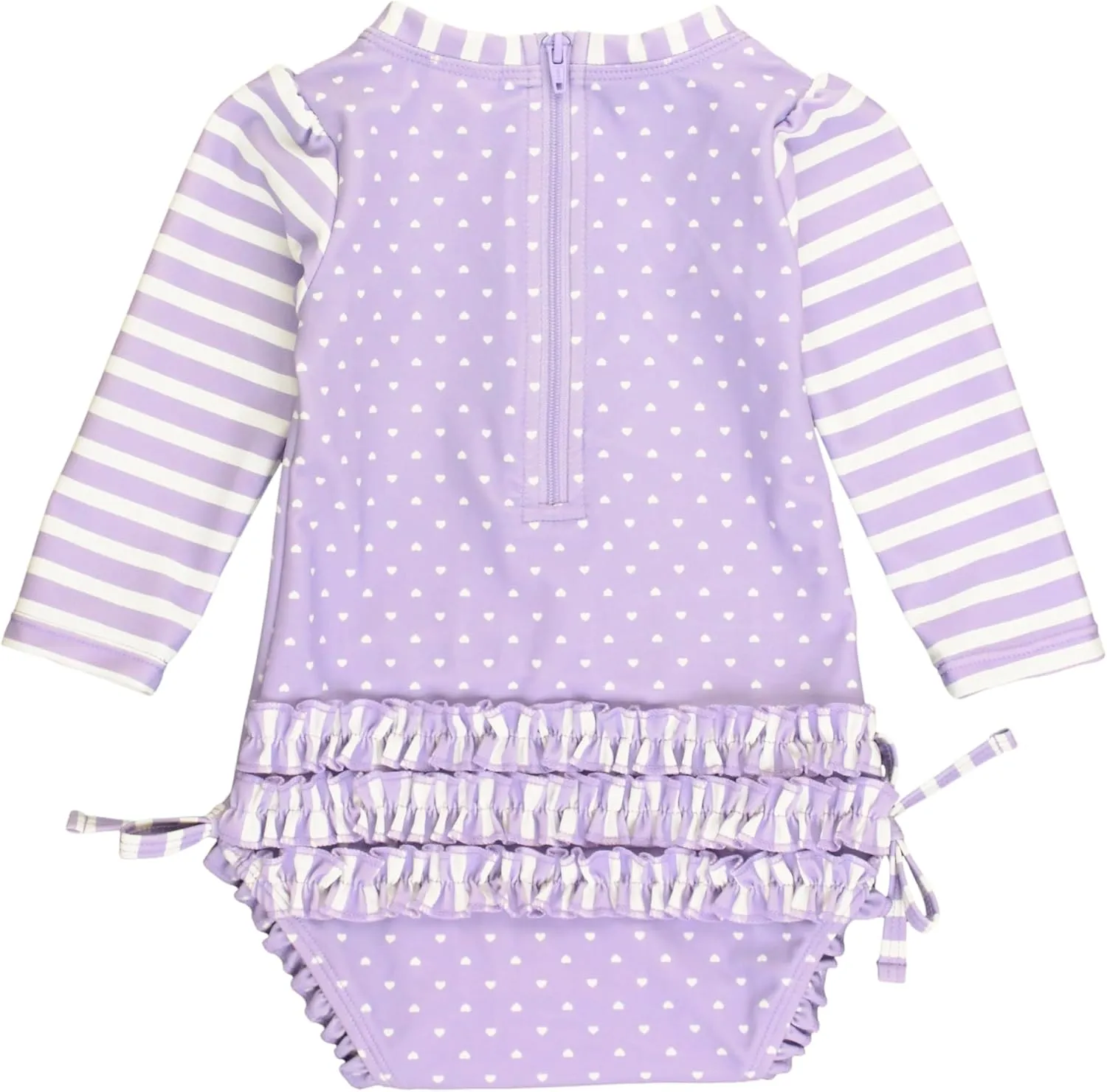 RuffleButts Baby Girls UPF 50  Sun Protection Polka Dot Long Sleeve One Piece Rash Guard Swimsuit with Zipper