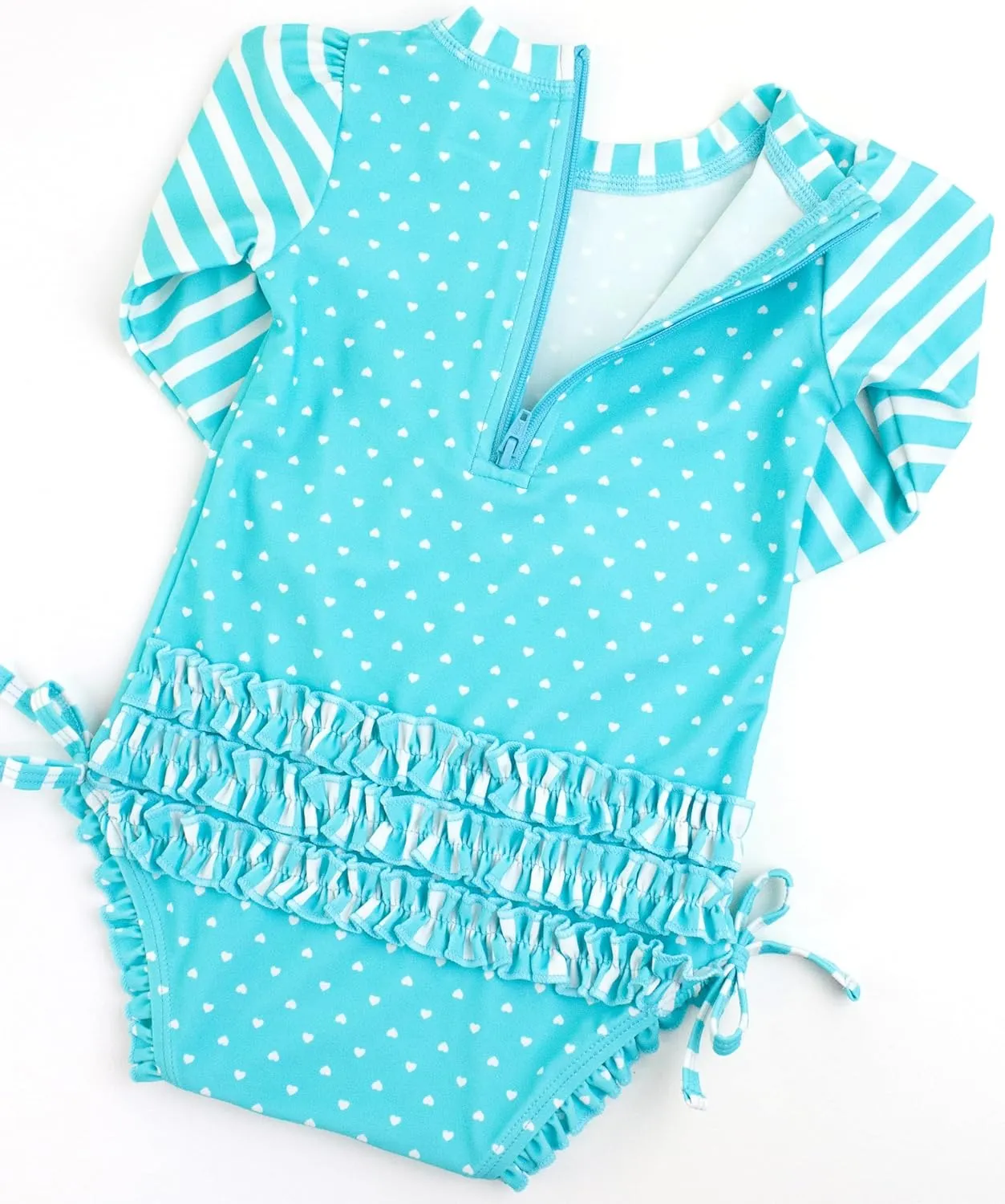 RuffleButts Baby Girls UPF 50  Sun Protection Polka Dot Long Sleeve One Piece Rash Guard Swimsuit with Zipper