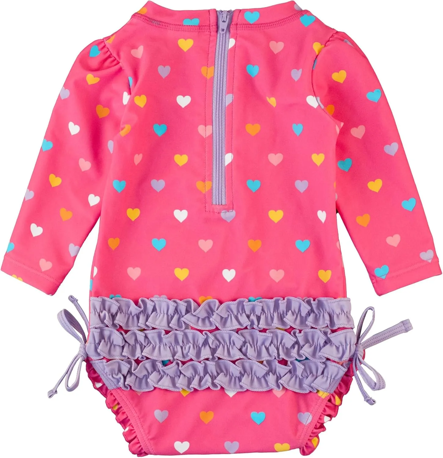 RuffleButts Baby Girls UPF 50  Sun Protection Polka Dot Long Sleeve One Piece Rash Guard Swimsuit with Zipper