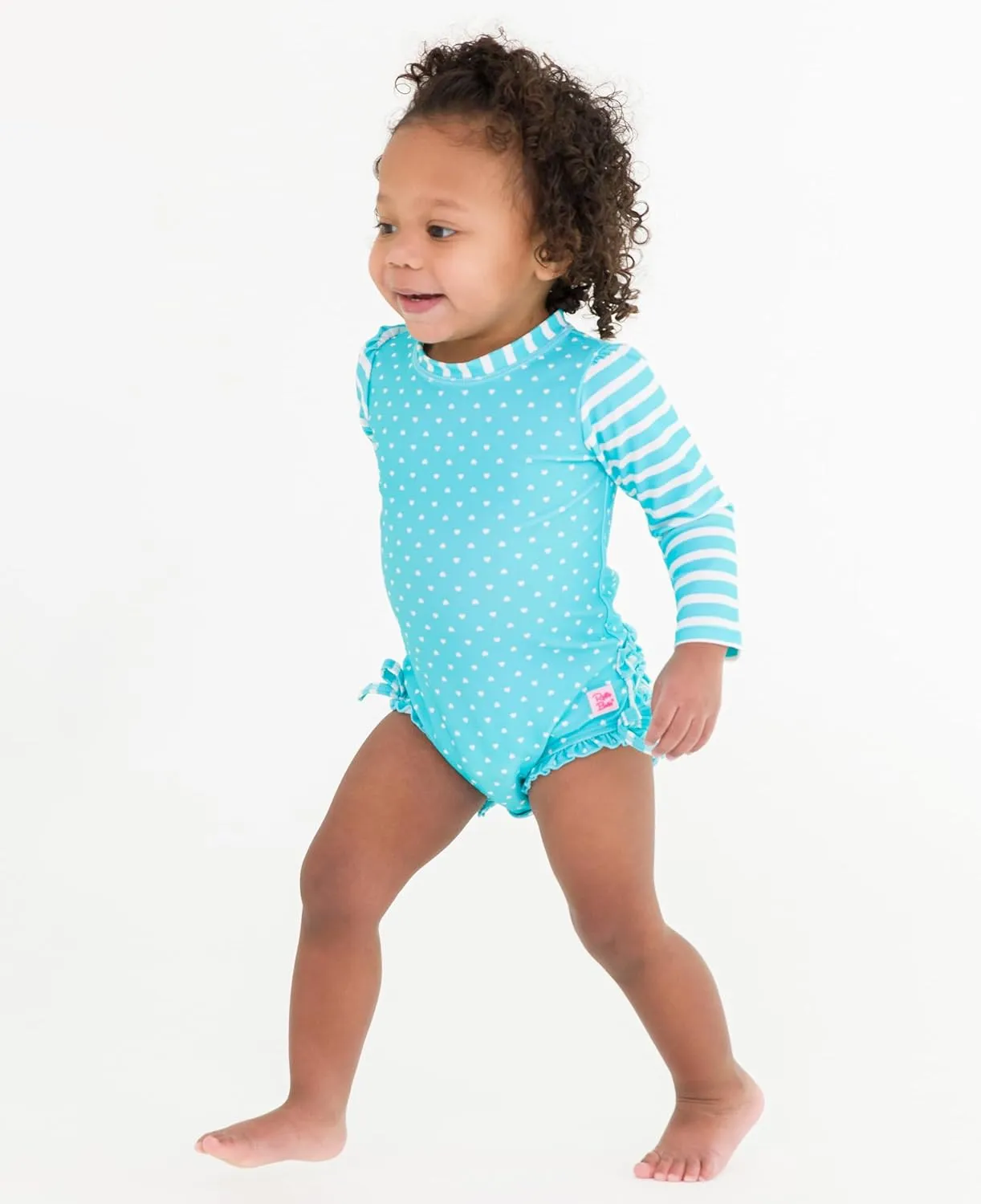 RuffleButts Baby Girls UPF 50  Sun Protection Polka Dot Long Sleeve One Piece Rash Guard Swimsuit with Zipper