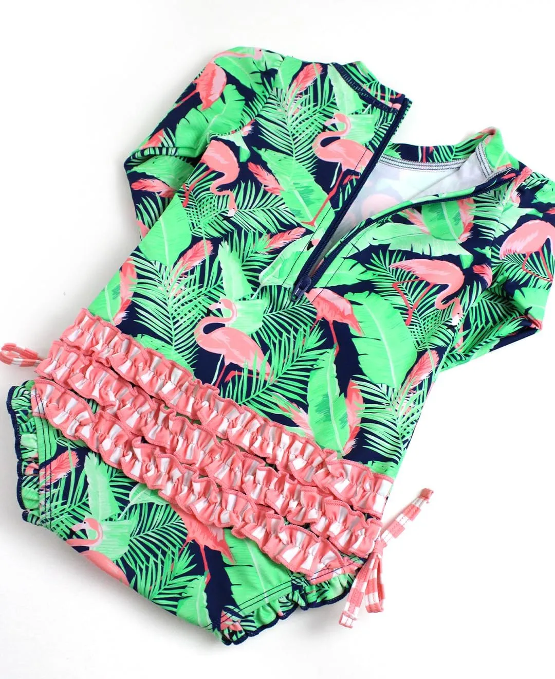 RuffleButts Baby Girls UPF 50  Sun Protection Tropical Print Long Sleeve One Piece Rash Guard Swimsuit with Zipper