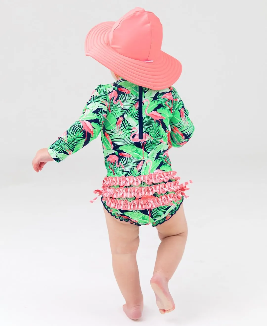 RuffleButts Baby Girls UPF 50  Sun Protection Tropical Print Long Sleeve One Piece Rash Guard Swimsuit with Zipper