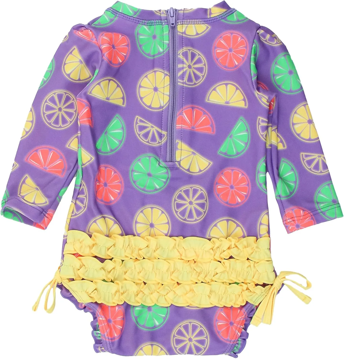 RuffleButts Baby Girls UPF 50  Sun Protection Tropical Print Long Sleeve One Piece Rash Guard Swimsuit with Zipper